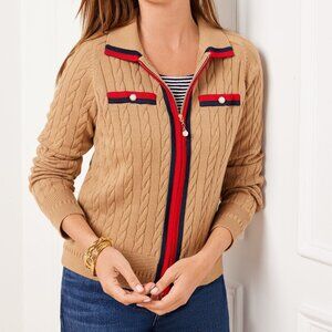 NWT $149 TALBOTS Tipped Cableknit Zip Up Sweater Toasted Coconut Small Pearl